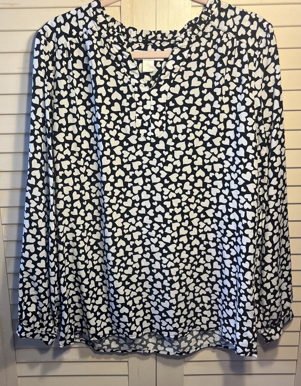 Christopher Banks Long Sleeve Blouse Black White Hearts Women's Size Small NWT
